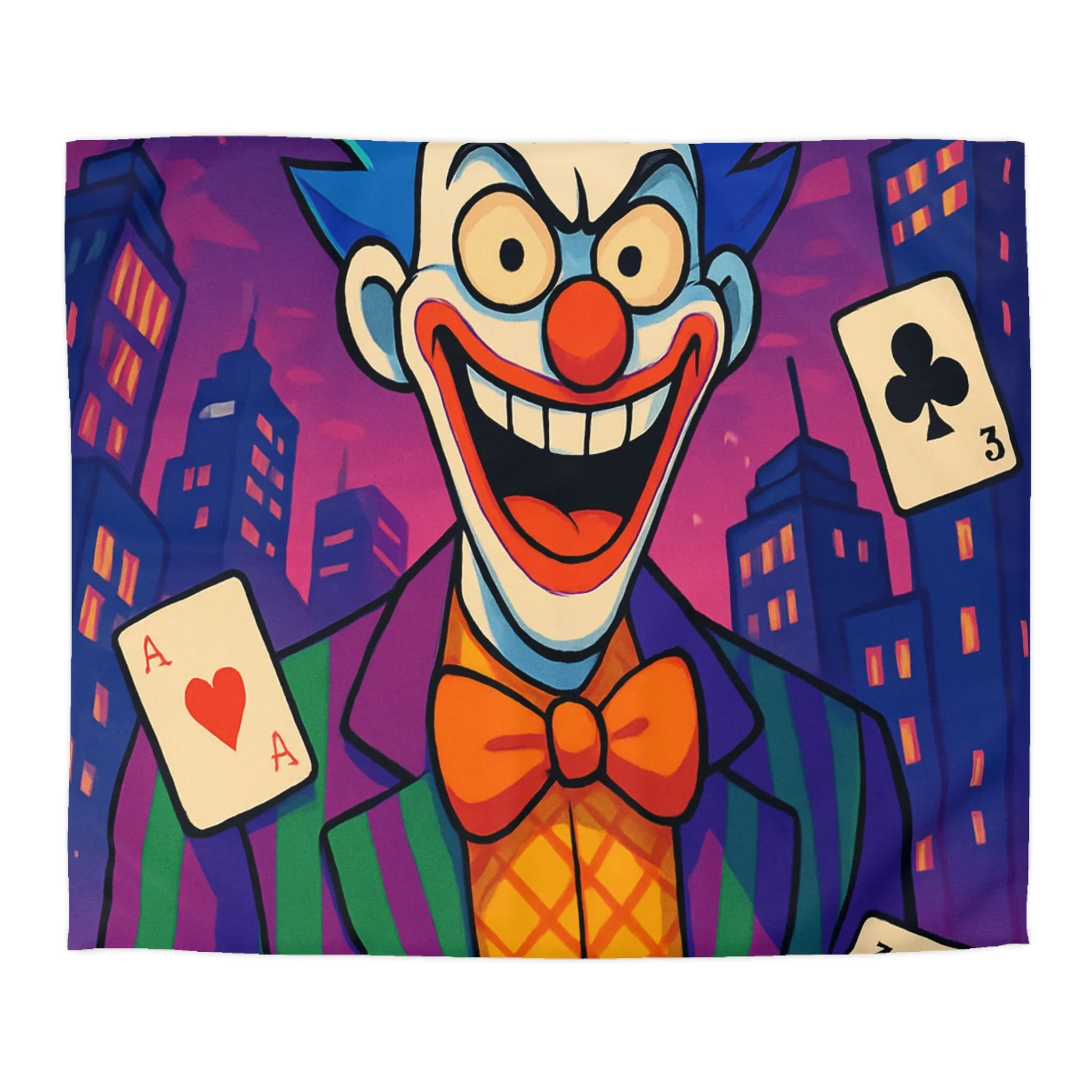 Housse de couette vibrante avec clown effrayant et cartes à jouer en arrière-plan urbain