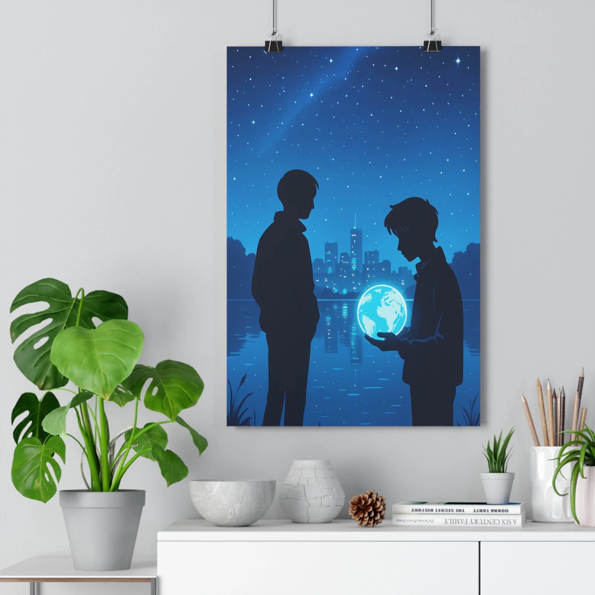 Poster décoratif bleu profond mystique nocturne silhouettes lac lumineux ville ciel étoilé chambre ambiance