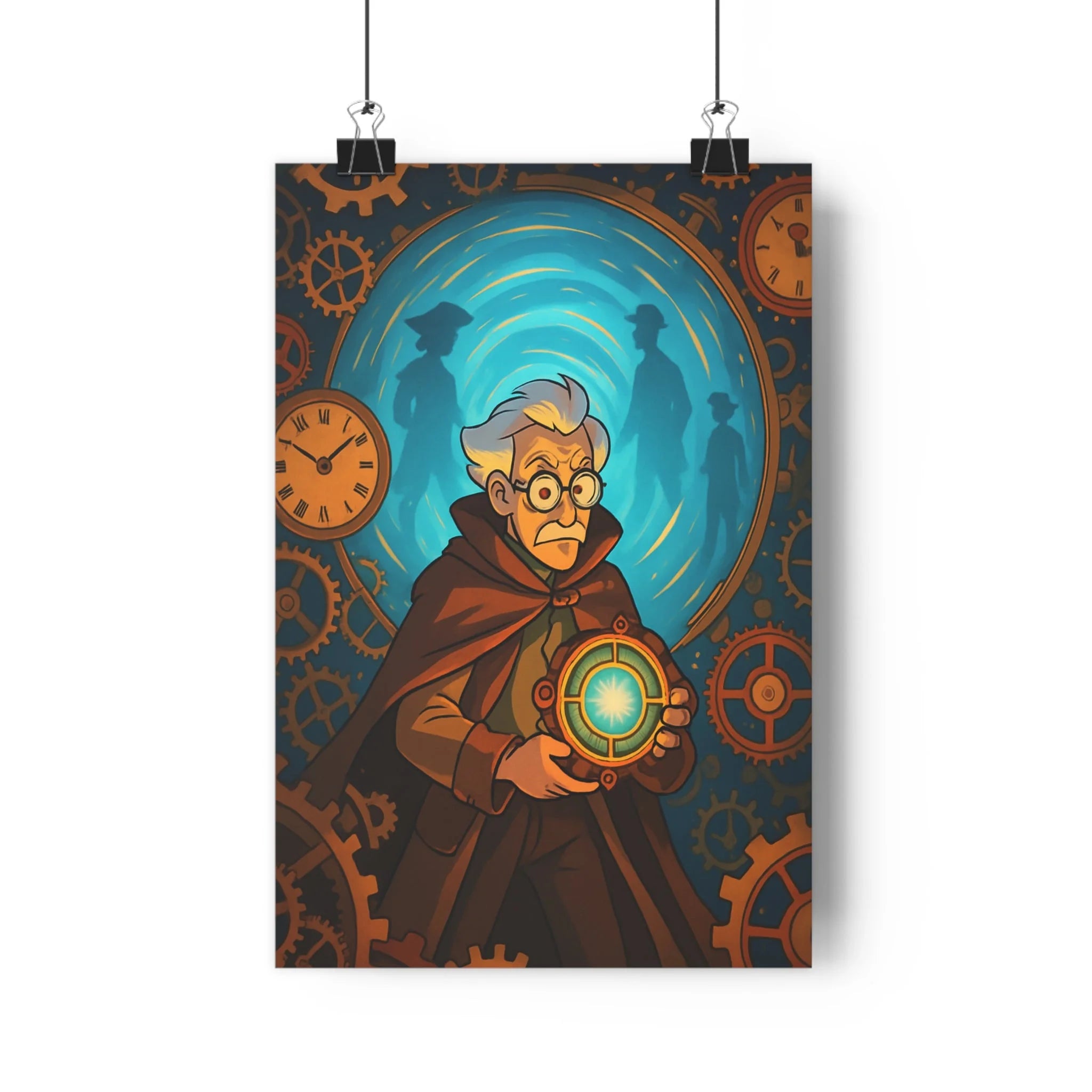 Poster décoratif rétrofuturiste steampunk bleu lumineux mystique horloge bureau salon homme voyageur intrigant qualité