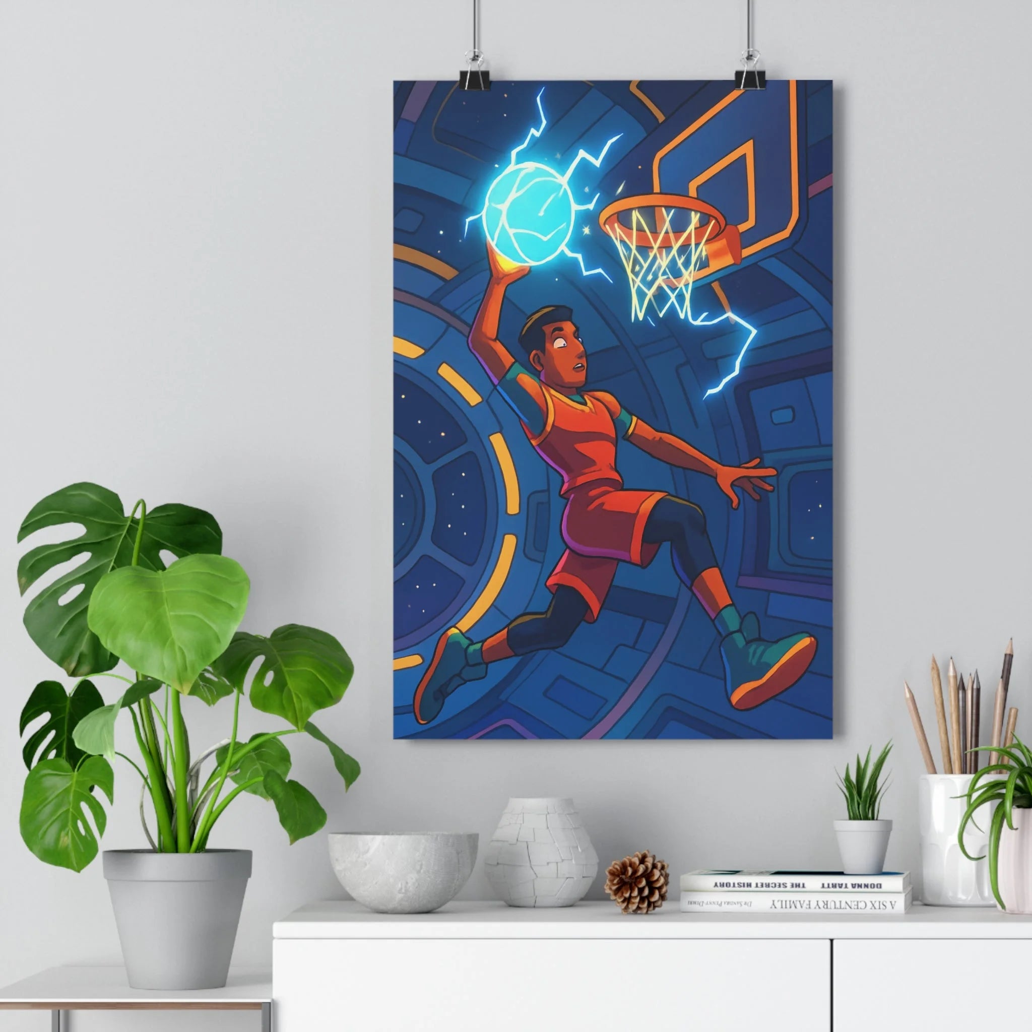 Poster décoratif cartoon basket bleu orange futuriste salon moderne dynamique chambre enfant format 30x46
