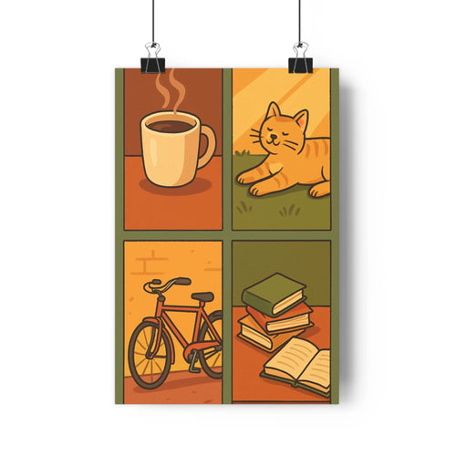 Poster vintage café chat vélo livres tapis briques lecture pause détente rétro simplicité chaleur ambiance chambre conviviale graphique coloré