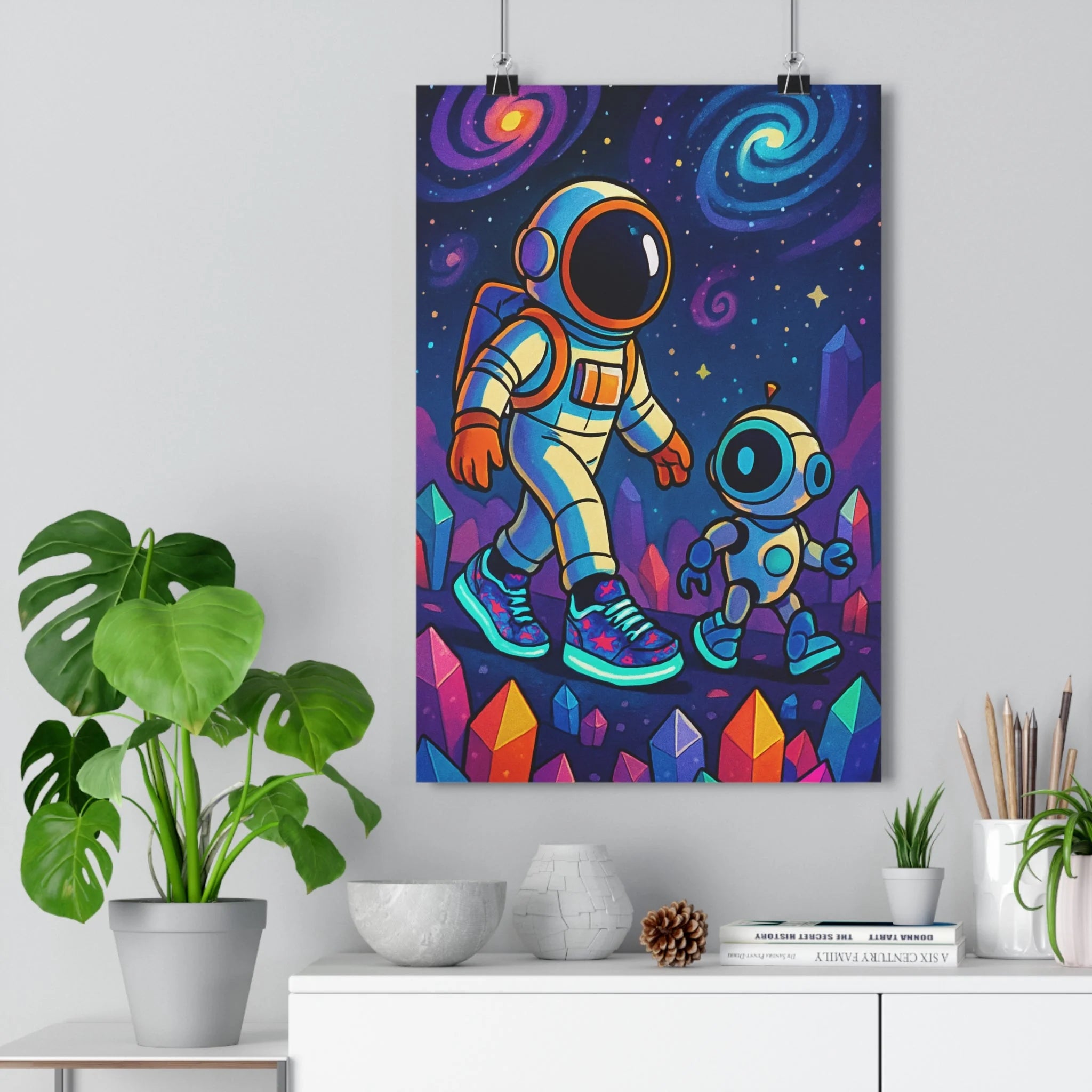 Poster décoratif intergalactique astronaute robot cristaux galaxies cartoon coloré futuriste ludique enfant chambre sneakers