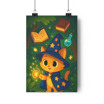 Poster féerique chat sorcier baguette étincelles livre potion forêt sombre feuilles étoiles dorées style cartoon enfantin couleurs vives ambiance magique