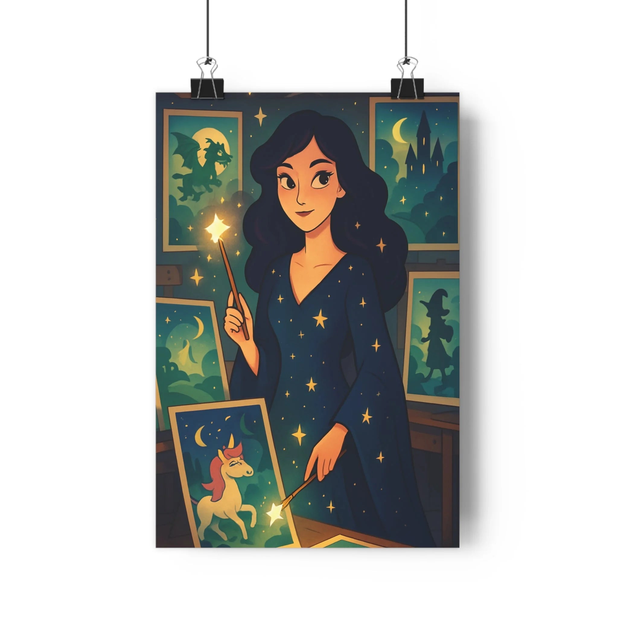 Poster décoratif féérique pastel mystique chambre enfant magique magicienne dragon château lune licorne baguette