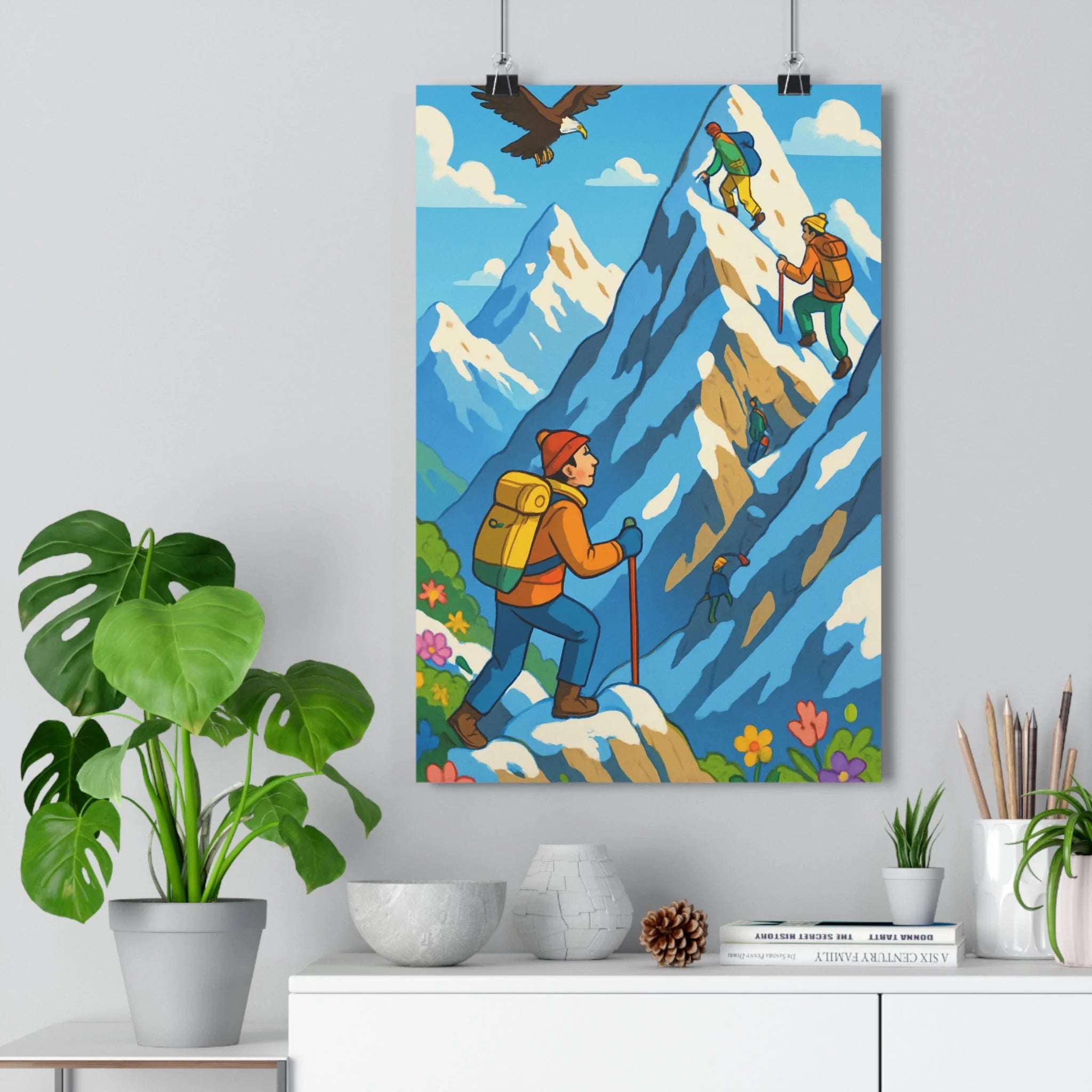 Poster décoratif animé randonnée montagne alpinistes sommets enneigés aventure salon bureau nature 30x46 qualité