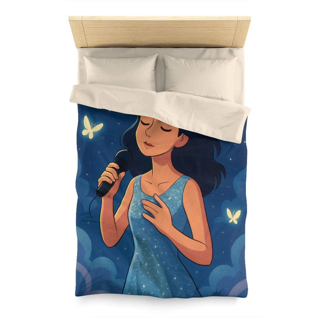 Housse de couette rêveuse avec chanteuse, papillons, lune et ciel étoilé bleu
