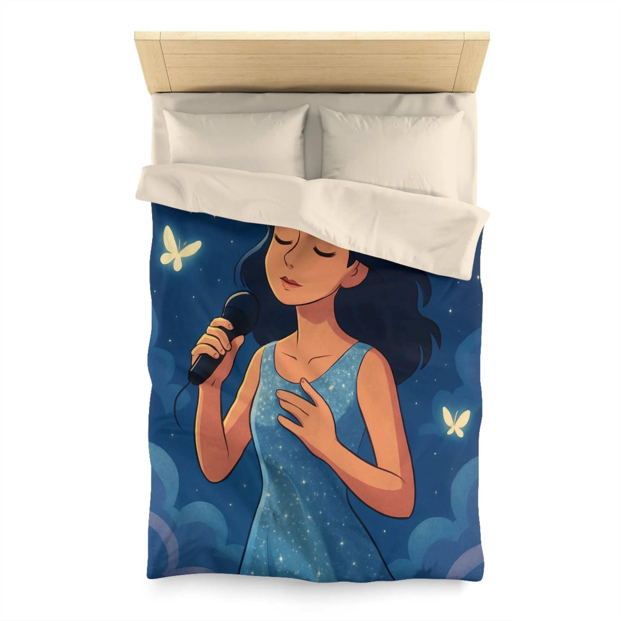 Housse de couette rêveuse avec chanteuse, papillons, lune et ciel étoilé bleu