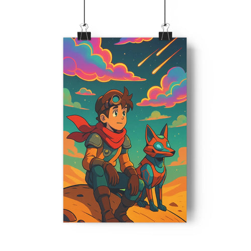 Poster enfant renard nuit nuages colorés plantes intérieur fantastique mystère cartoon ombres douces verte bleue rouge marron étoiles météore chambre