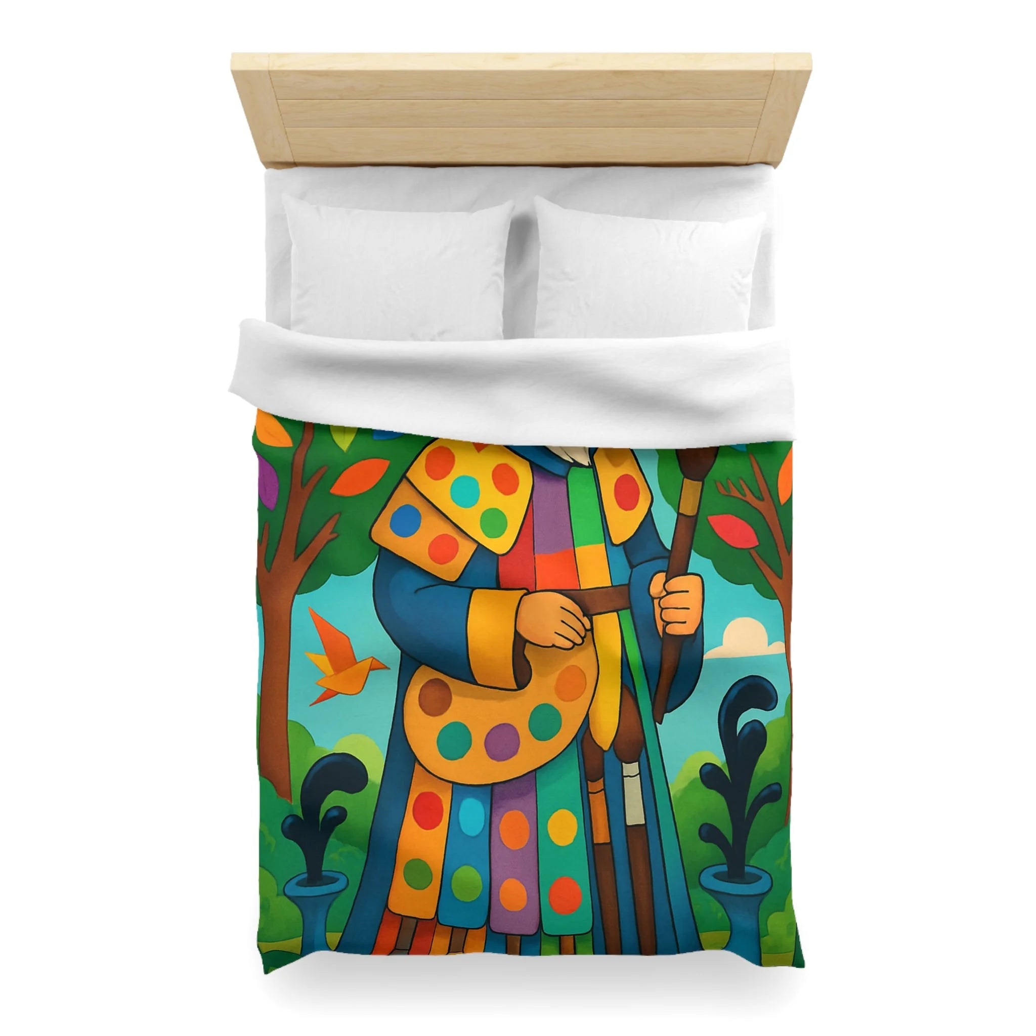 Housse de couette multicolore avec roi et oiseaux dans un jardin enchanteur