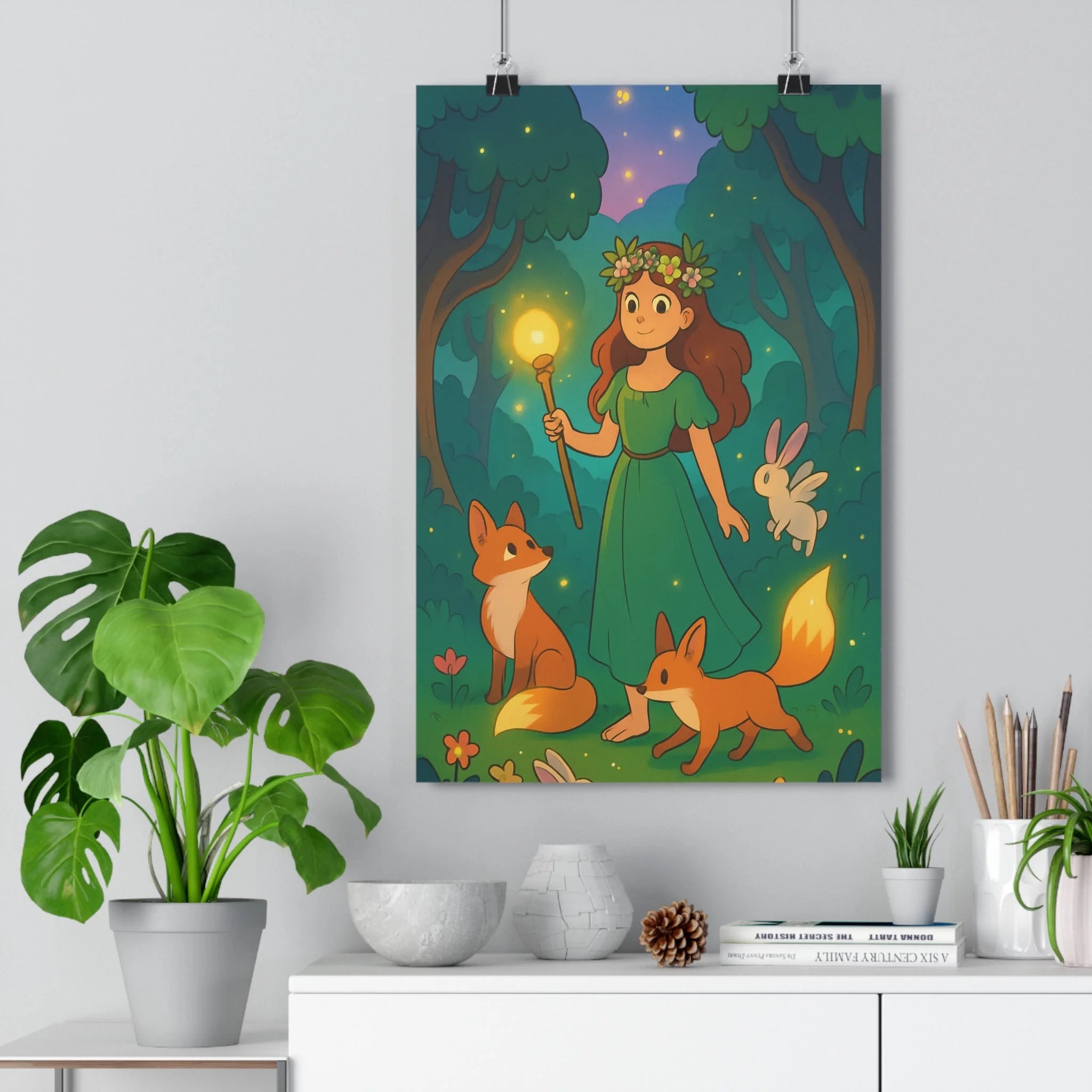 Poster décoratif forêt enchantée magique vert lumineux féerique chambre enfant nature mystique animaux nocturne