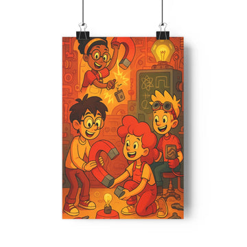 Poster enfants laboratoire aimant scientifiques tableaux chimie vibrant cartoon expressions aventure exploratoire chambre étude