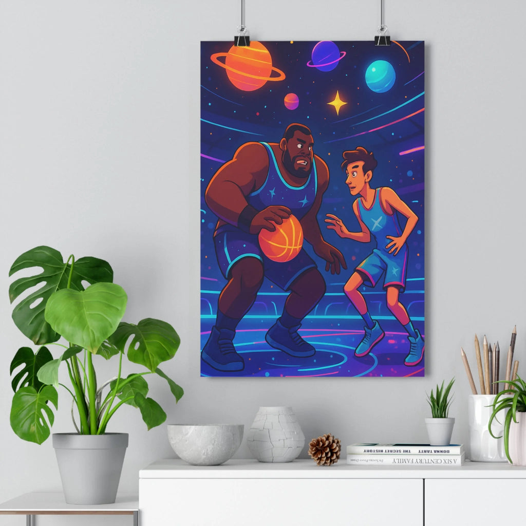 Poster décoratif futuriste galaxie bleu orange violet basket sportif chambre ambiance dynamique cosmique qualité