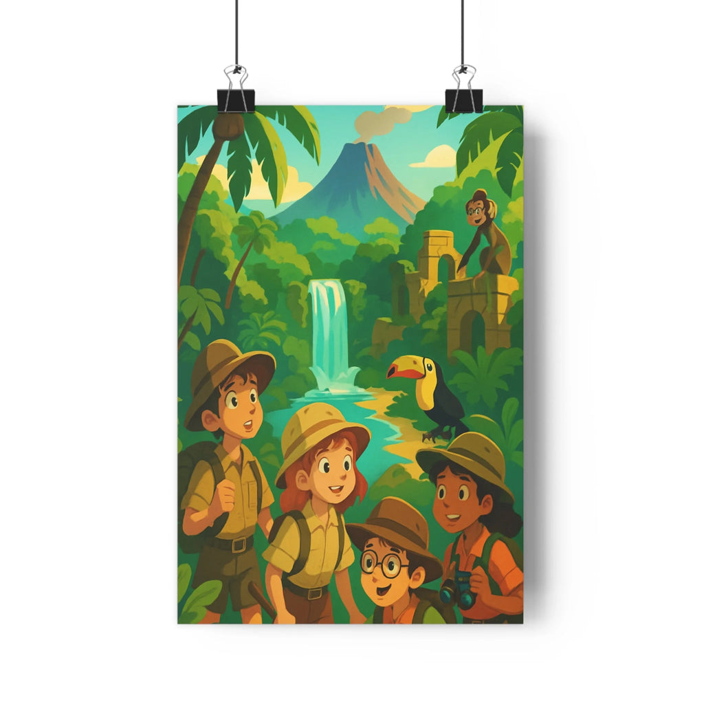 Poster décoratif aventure tropicale coloré cartoon joyeux chambre enfant exotique nature explorateur cascade qualité