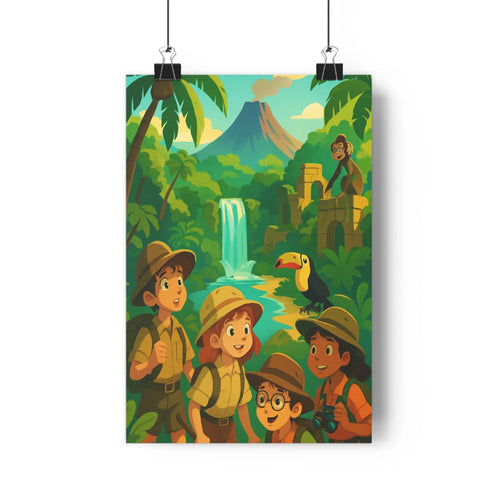 Poster aventure jungle enfants chapeaux sacs cascade volcan palmiers feuillage bleu vert cartoon joyeux exploration chambre salon