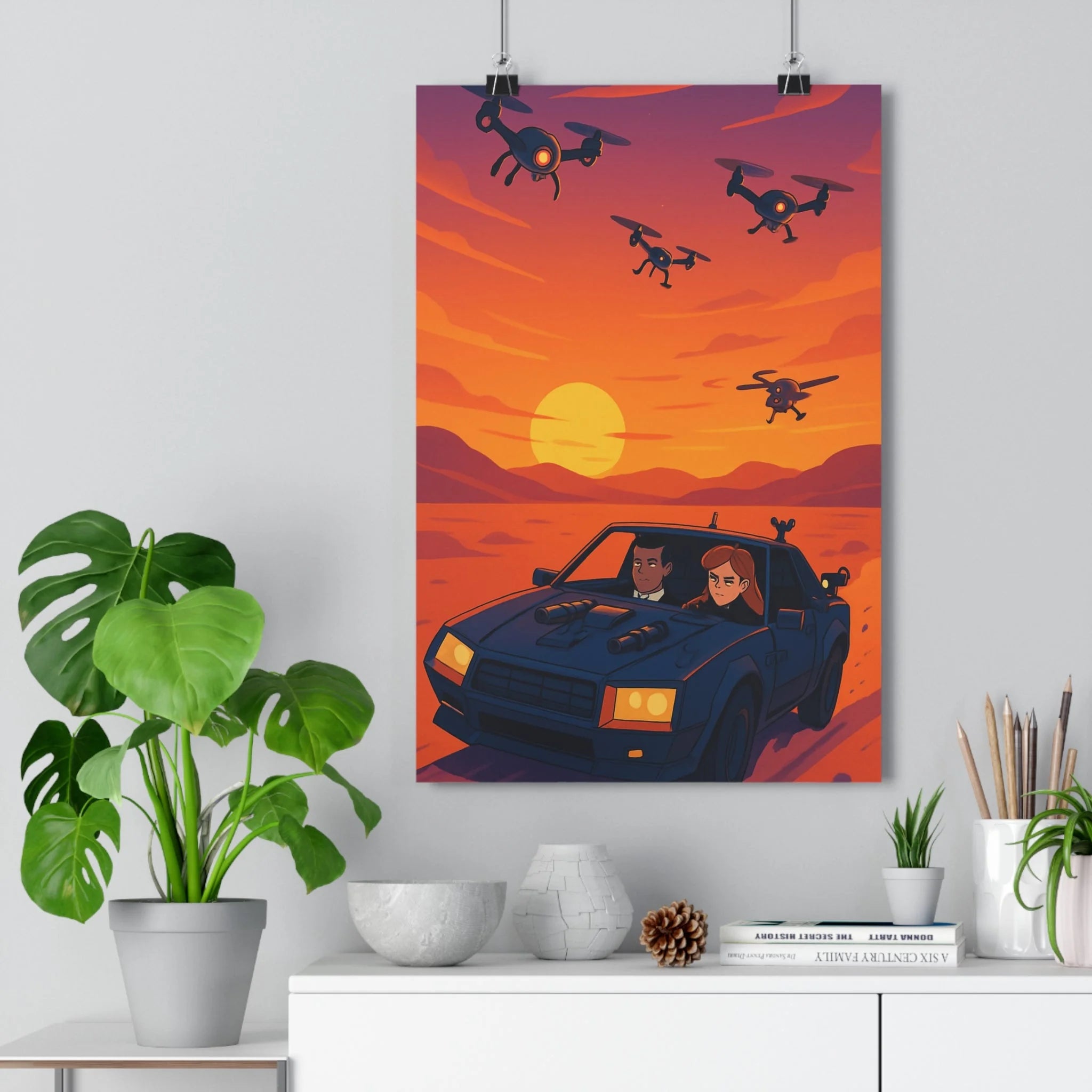 Poster décoratif dynamique futuriste aventure voiture coucher soleil chambre salon art captivant coloré qualité