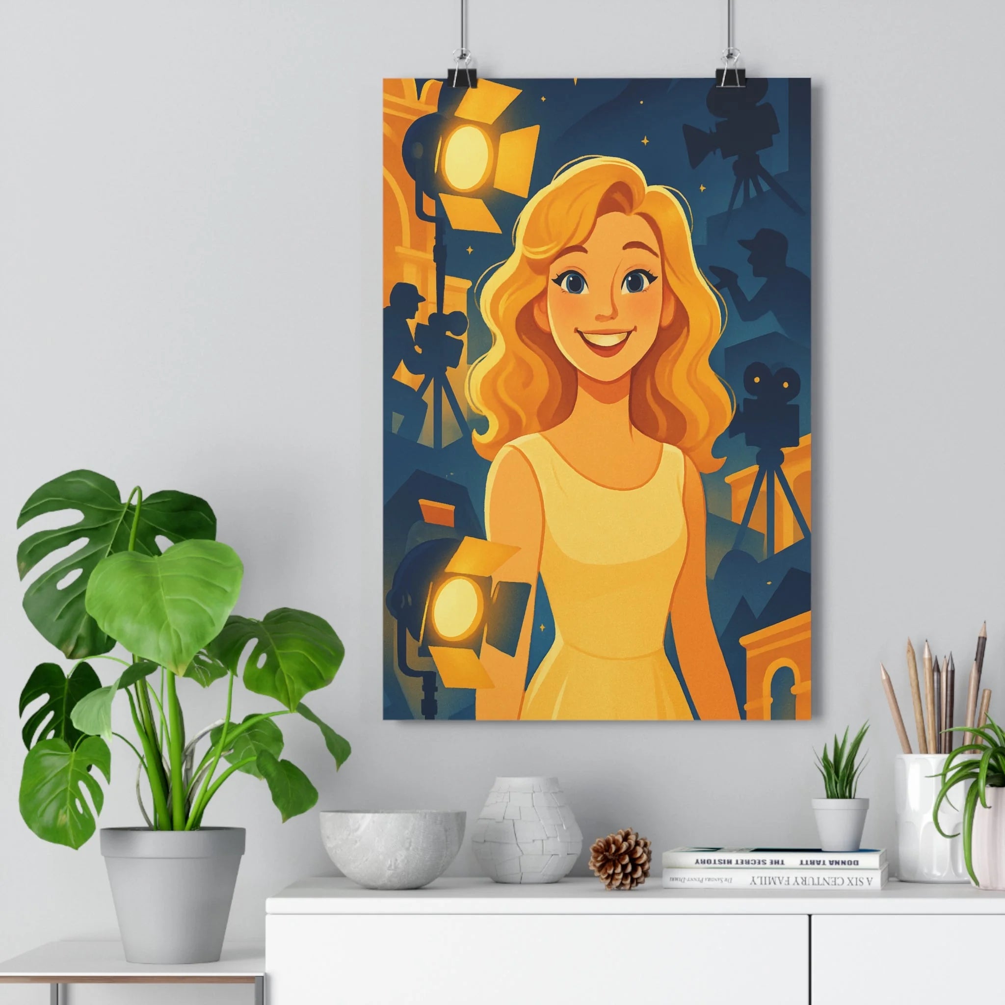 Poster décoratif glamour femme cartoon jaune bleu cinéma moderne bureau créatif ambiance lumineuse 30x46