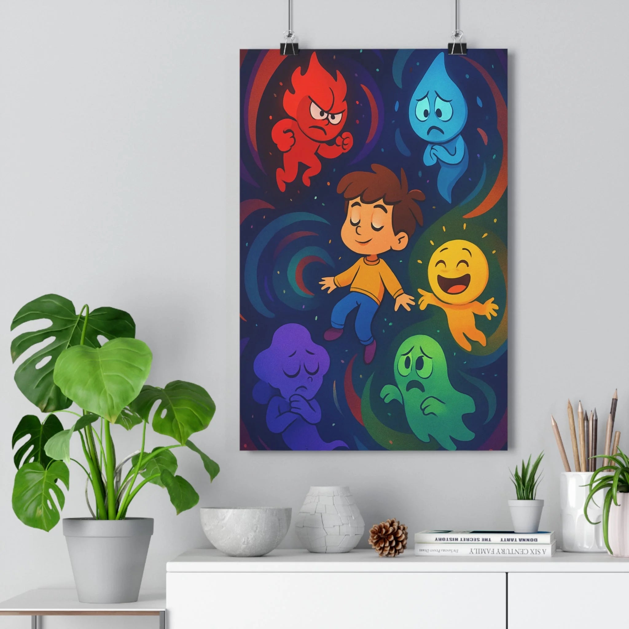 Poster décoratif animé rouge bleu jaune vert violet chambre enfant art vibrant surréaliste émotions