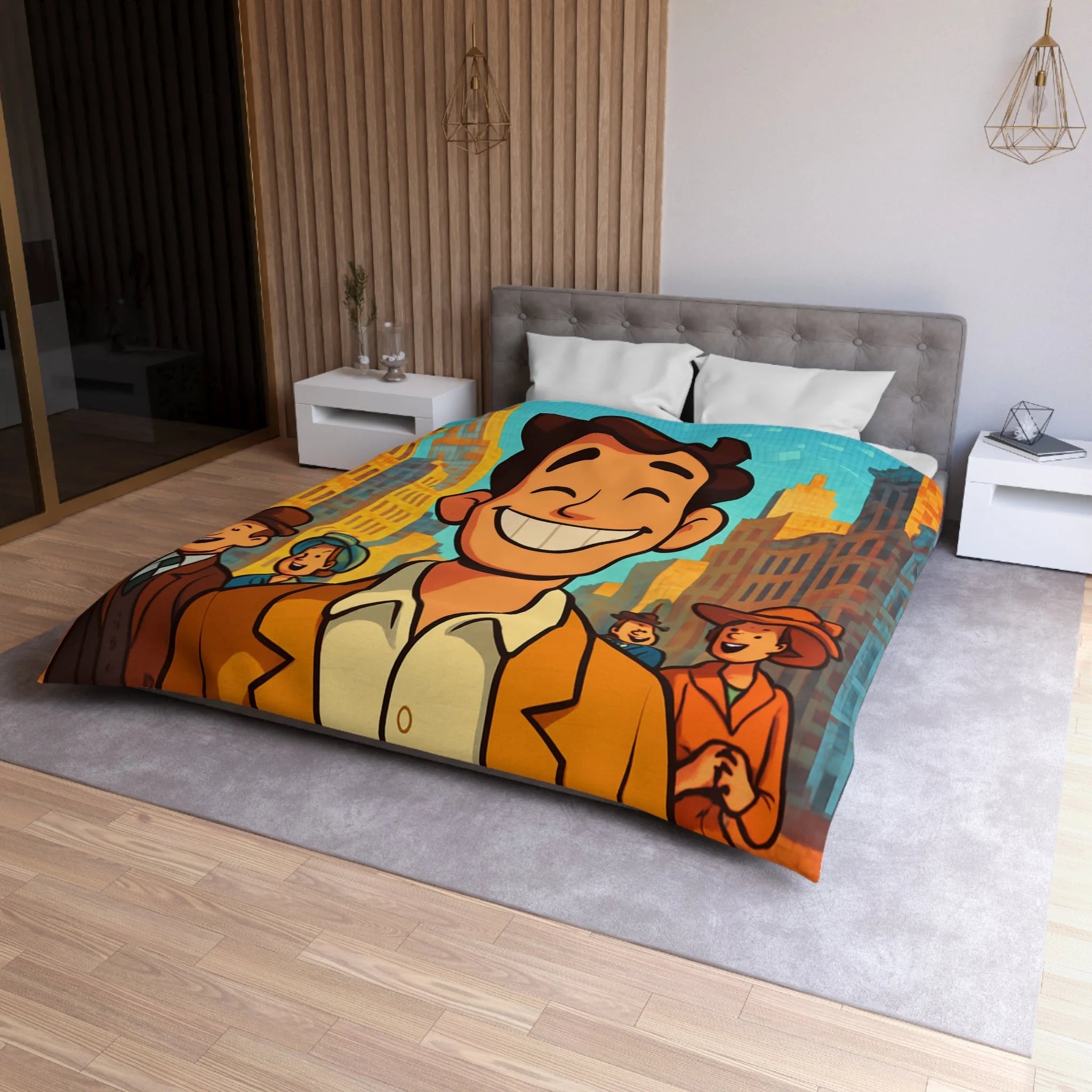 Housse de couette vintage avec personnages souriants et architecture urbaine en arrière-plan