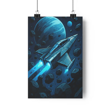Poster science fiction vaisseau spatial jets gaz bleus rochers planètes nuit ambiance futuriste mystérieuse style graphique net détaillé contours clairs