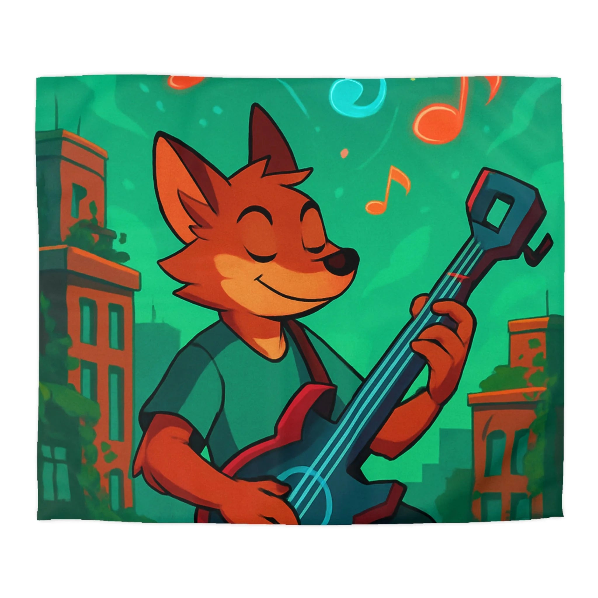 Housse de Couette Musicale avec Renard Jouant de la Guitare et Notes Colorées