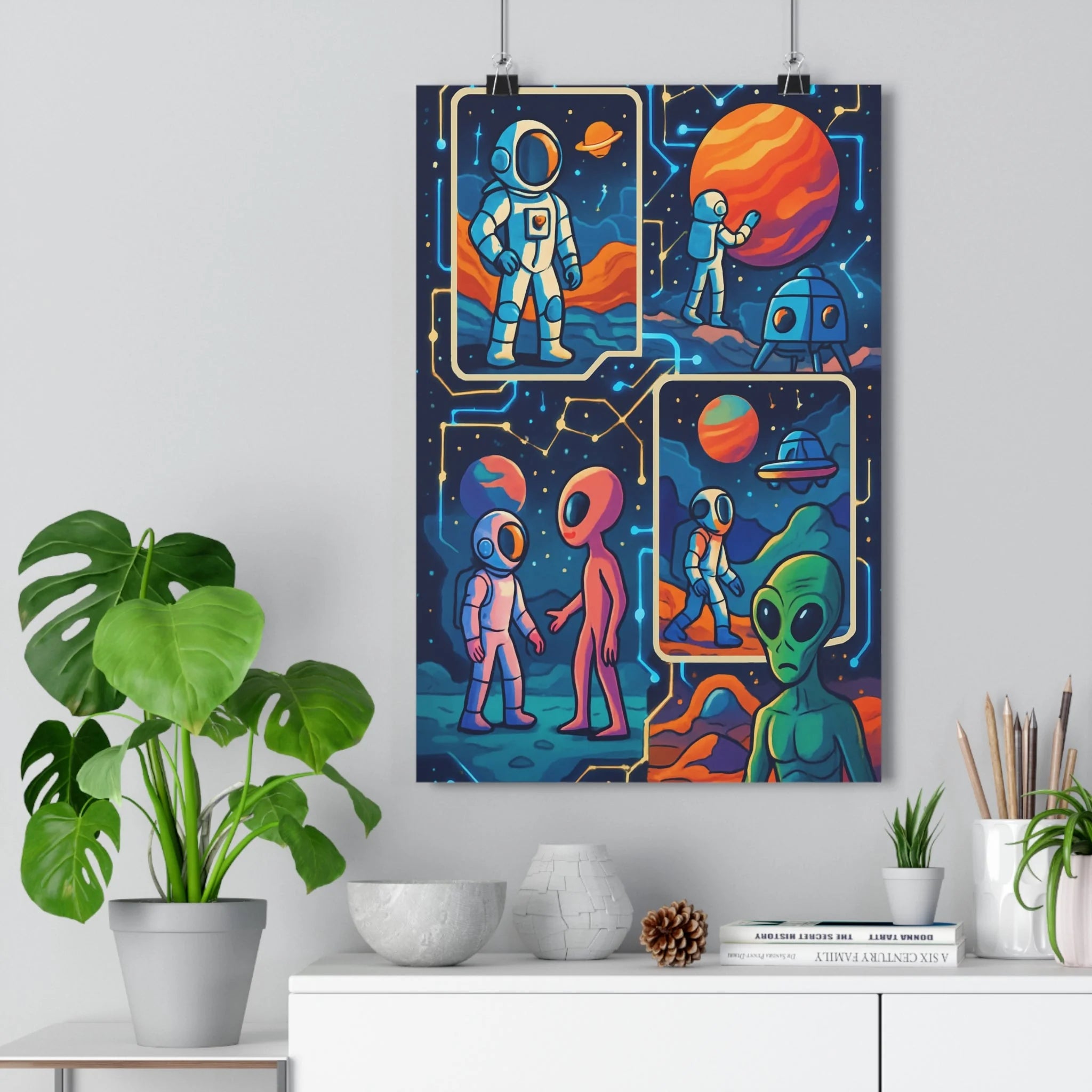 Poster décoratif futuriste bleu vert orange aventure galactique salon chambre moderne technologie extraterrestre exploration