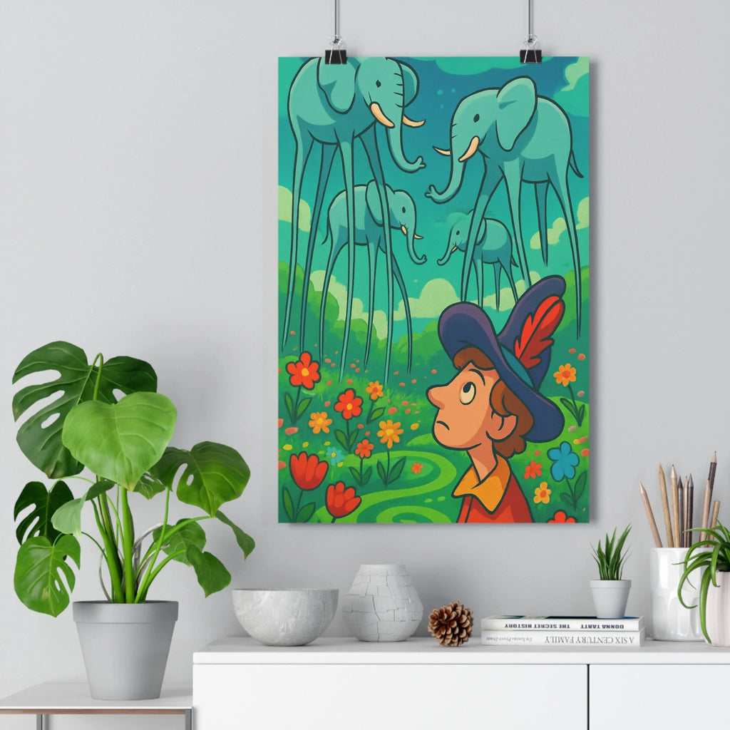 Poster décoratif surréaliste éléphants volants jardin bleu vert rouge ambiance magique intérieur 30x46 rêveur