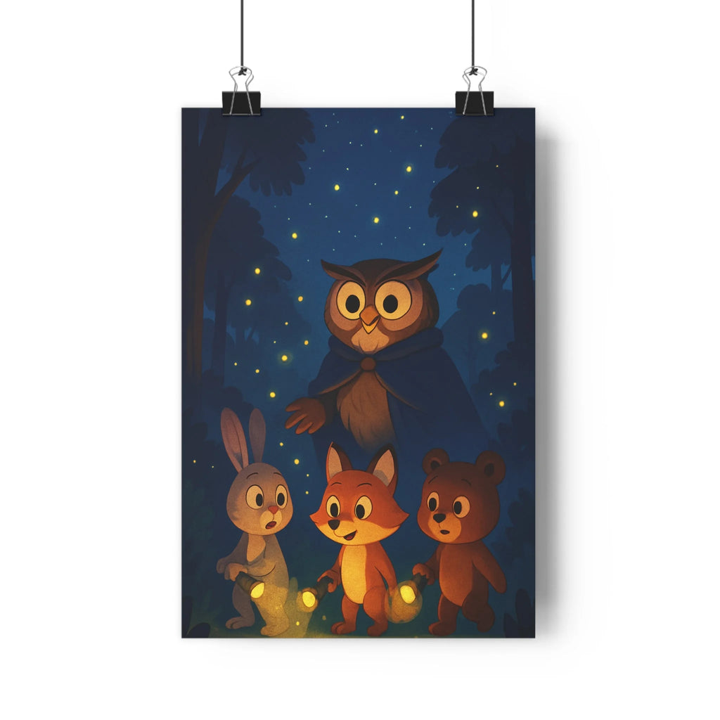 Poster décoratif nocturne bleu nuit étoiles forêt mystique chambre enfant mural magique hibou animaux