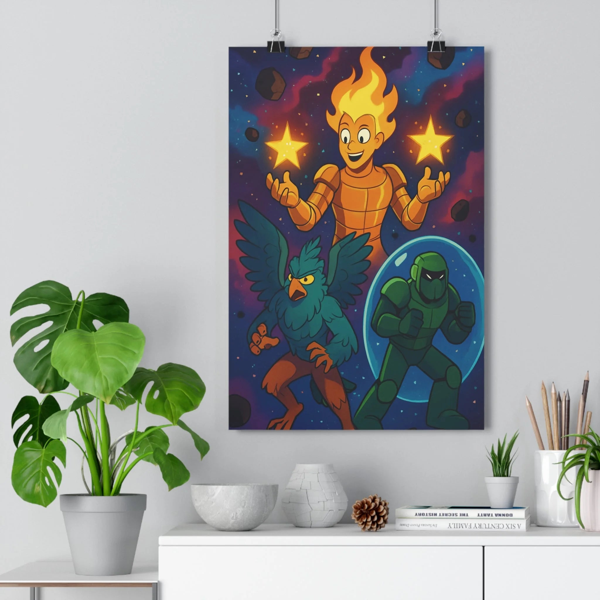 Poster décoratif cosmique moderne héroïque bleu vert doré espace aventure salon chambre vibrant unique