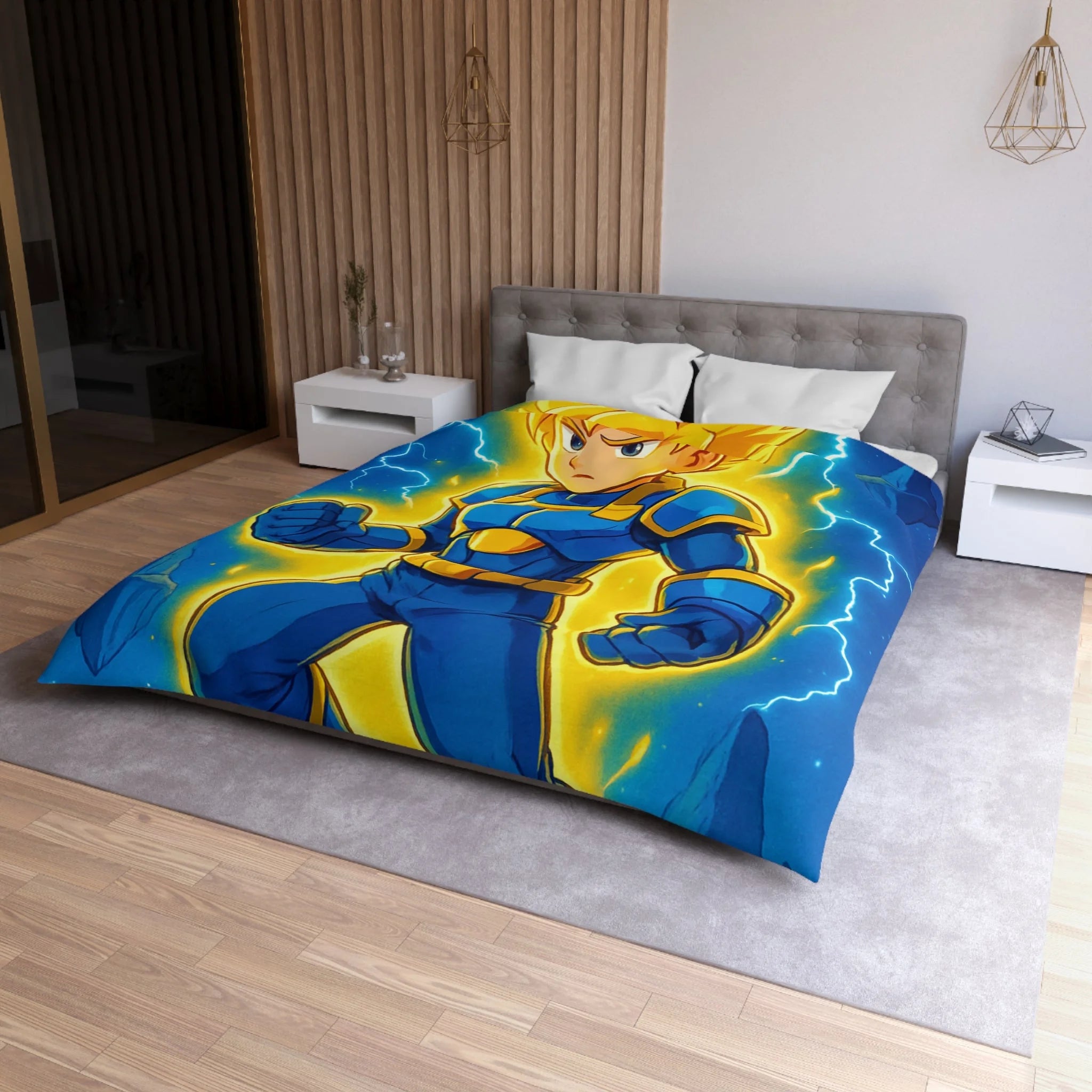 Housse de couette vibrante avec héros en armure bleue et rayons lumineux intenses