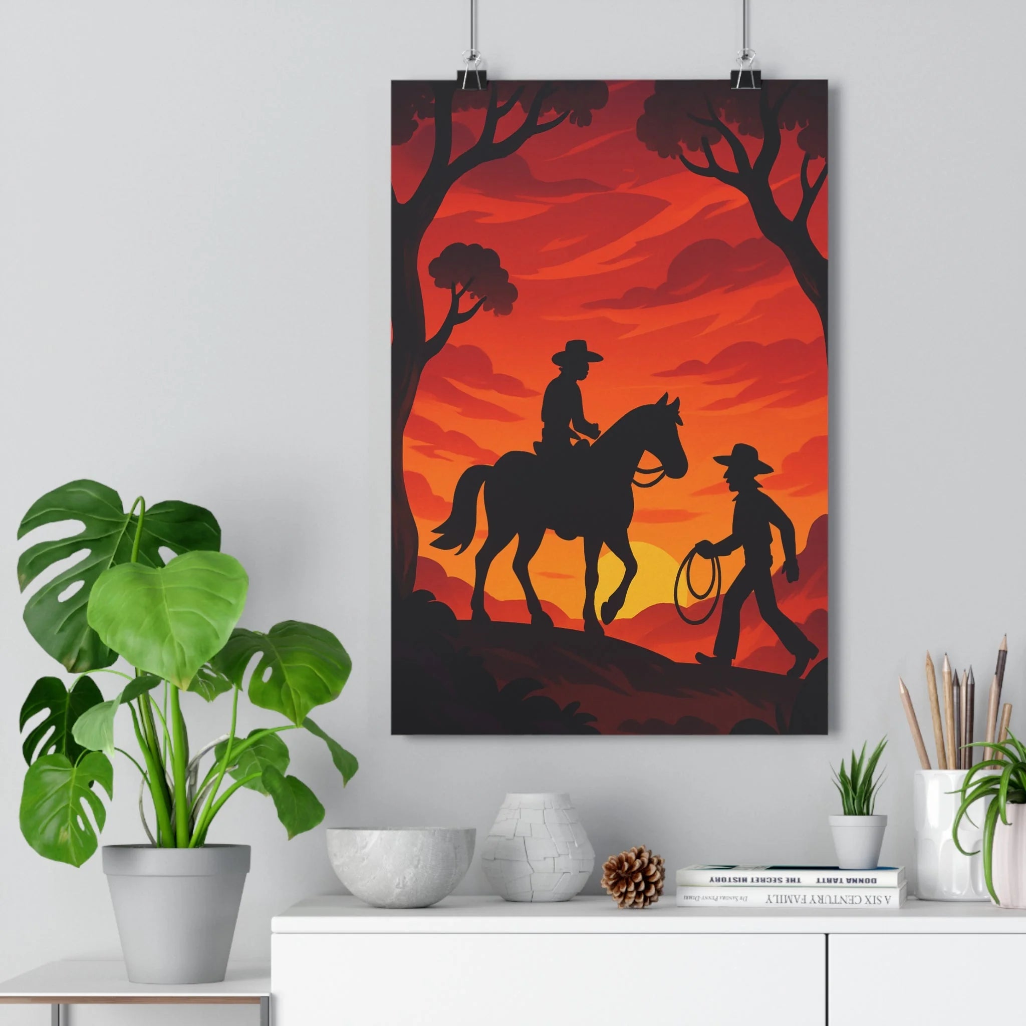 Poster décoratif western rouge orange dramatique salon chambre vintage aventure cowboy coucher soleil 30x46