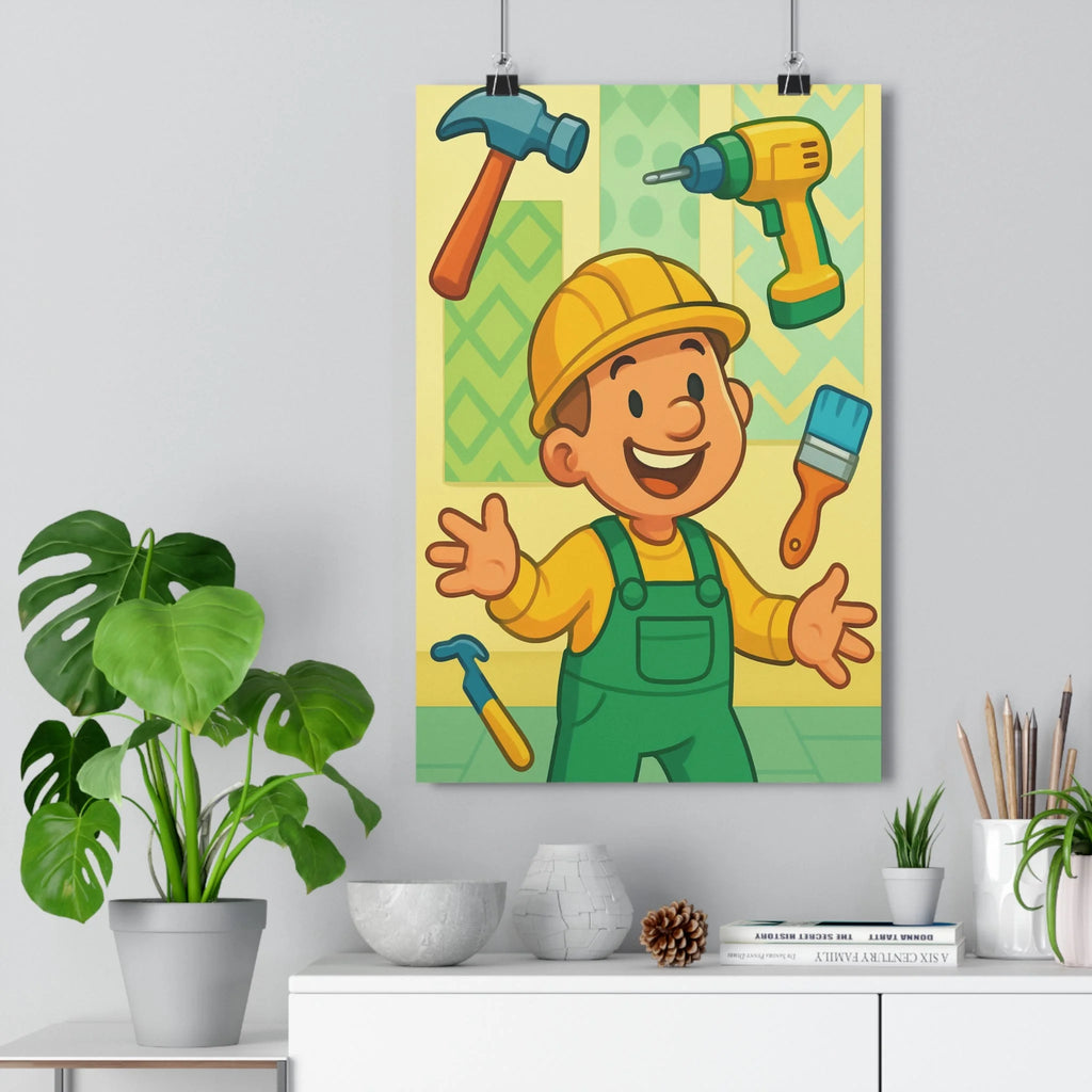 Poster décoratif bricolage jaune vert bleu ludique joyeux atelier enfant salle jeux 30x46 cm