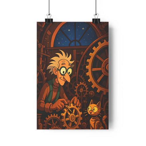 Poster steampunk inventeur chat mécanisme roues dentées veste verte lunettes ambiance industrielle curiosité fond sombre touches dorées cartoon détails précis