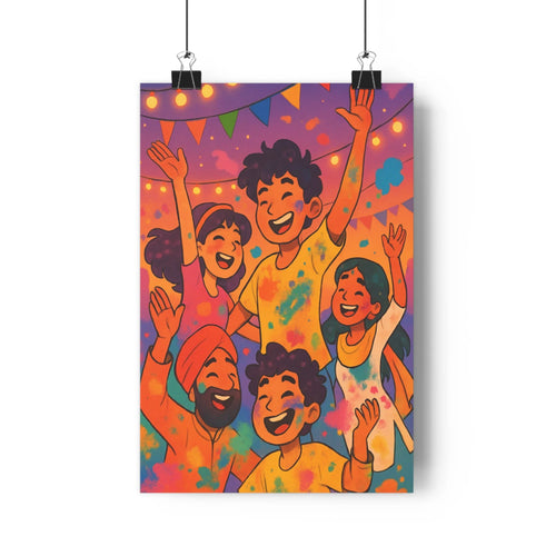 Poster festif groupes joyeux bras levés confettis guirlandes lumineuses vêtements colorés ambiance vibrante espace convivial style cartoon couleurs saturées énergie