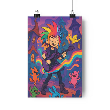 Poster vibrant fantasy cartoon cheveux multicolores guitare eléctrique créatures animales châteaux hantés couleurs vives ambiance joyeuse énergétique chambre salon