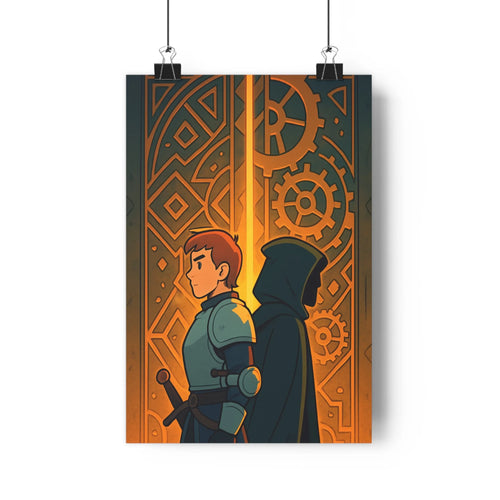Poster steampunk mystique armure cape motifs géométriques décor doré noir suspense aventure salon chambre élégance unique