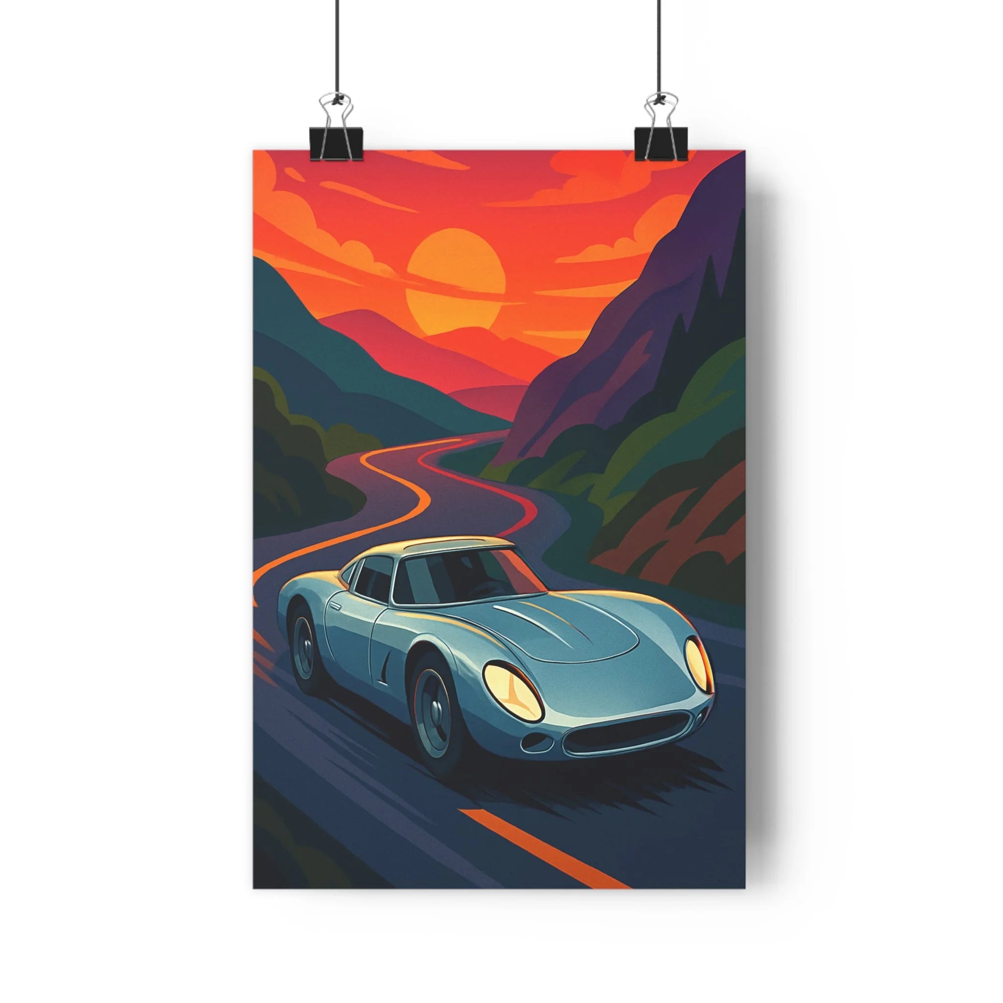 Poster décoratif voiture sport rétrofuturiste rouge orange bleu aventure dynamique salon bureau chambre qualité