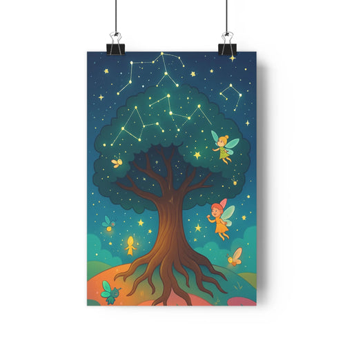 Poster féerique arbre racines feuilles nuit fées papillons étoiles constellations bleu vert rose apaisant enfant chambre détente magique