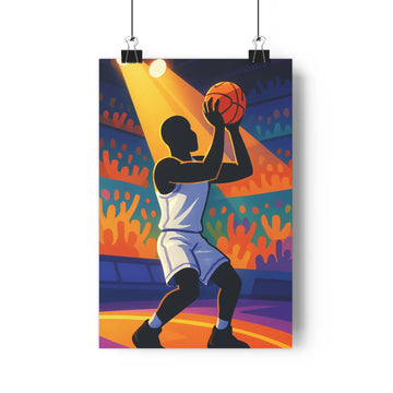 Poster dynamique basketteur saut panier gradins colorés lumière intense noir blanc orange bleu violet moderne vibrant énergique salon chambre