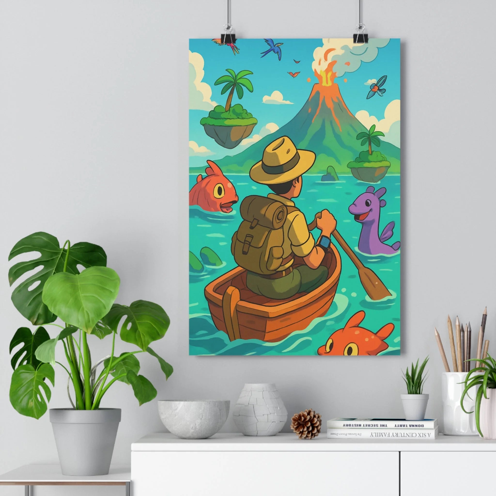 Poster décoratif aventure coloré ludique explorateur marin exotique volcan chambre salon dynamique vibrant qualité