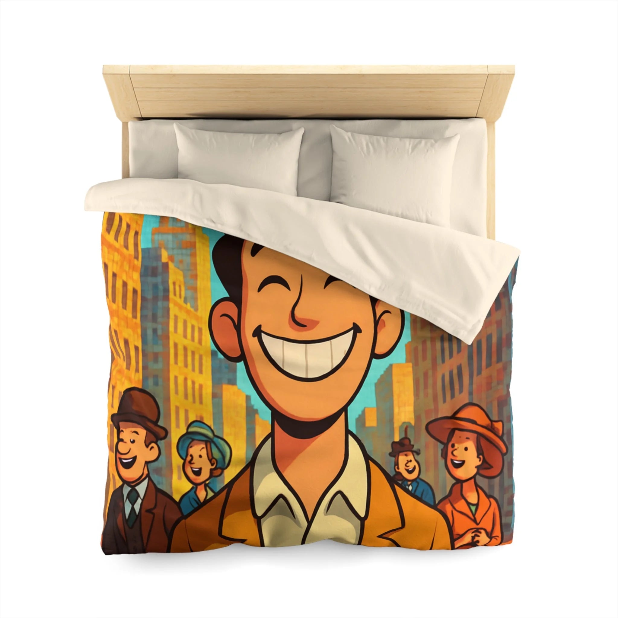 Housse de couette vintage avec personnages souriants et architecture urbaine en arrière-plan
