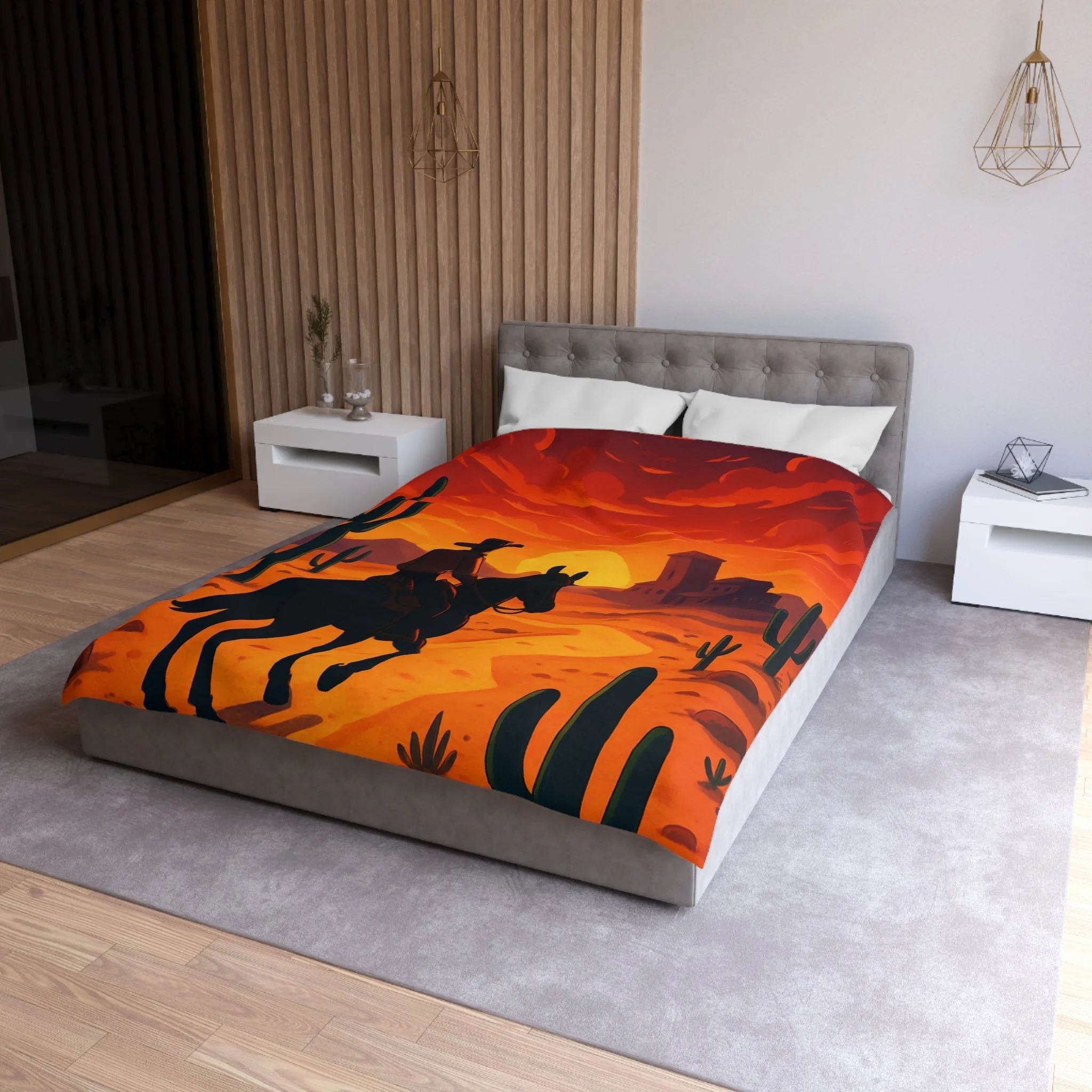 Housse de Couette Stylée Désert Crépusculaire avec Cowboy et Cactus Silhouettes