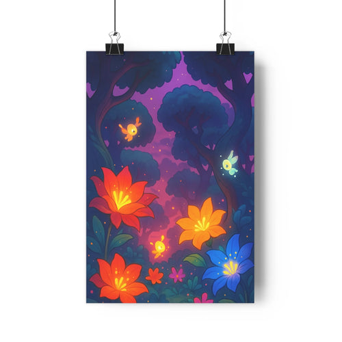 Poster paysage nocturne fleurs lumineuses plante verte étoiles papillons magiques ambiance féerique ciel violet bleu forêt sombre chambre salon