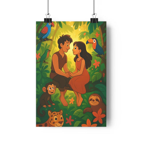Poster jungle vibrant personnages animaux foret luxuriante arbres fleurs plantes couleur verte rouge bleue style cartoon contours nets détails simples