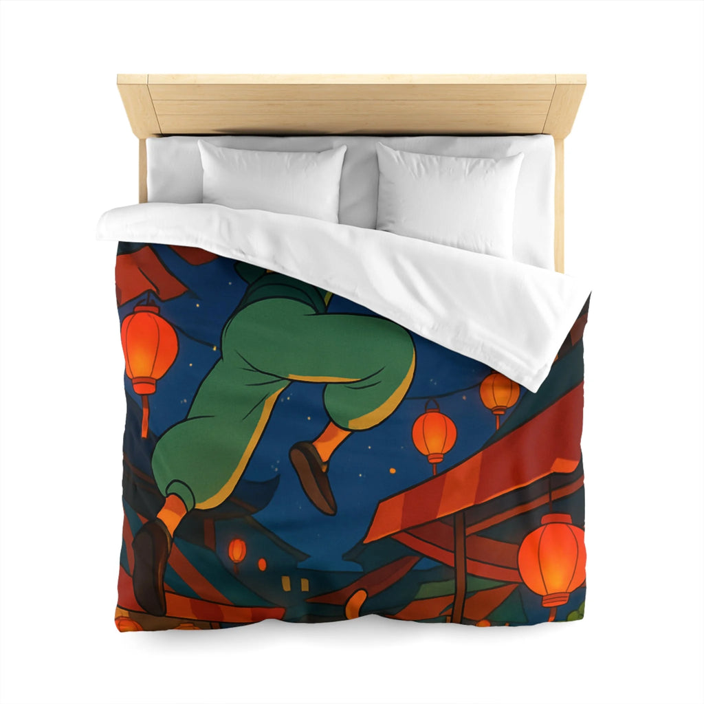 Housse de couette vibrante inspirée d'une scène de marché asiatique nocturne étoilé