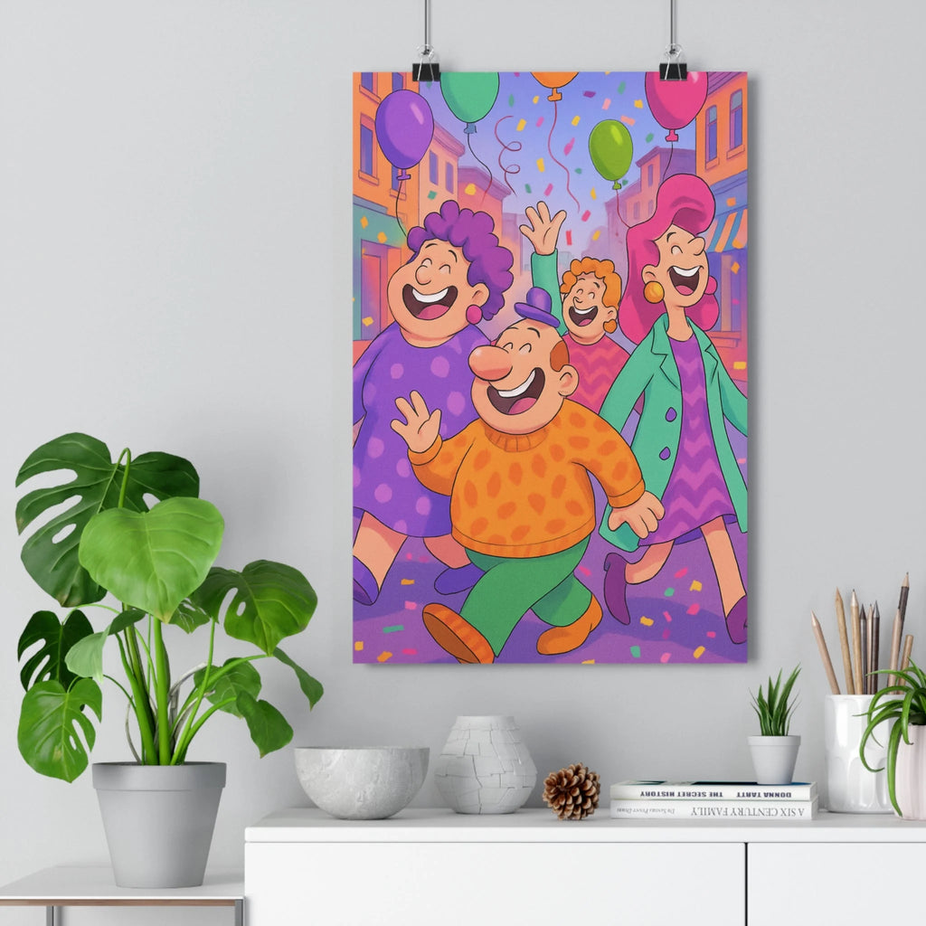 Poster décoratif néopop coloré joyeux personnages défilant rue animée salon chambre moderne qualité premium
