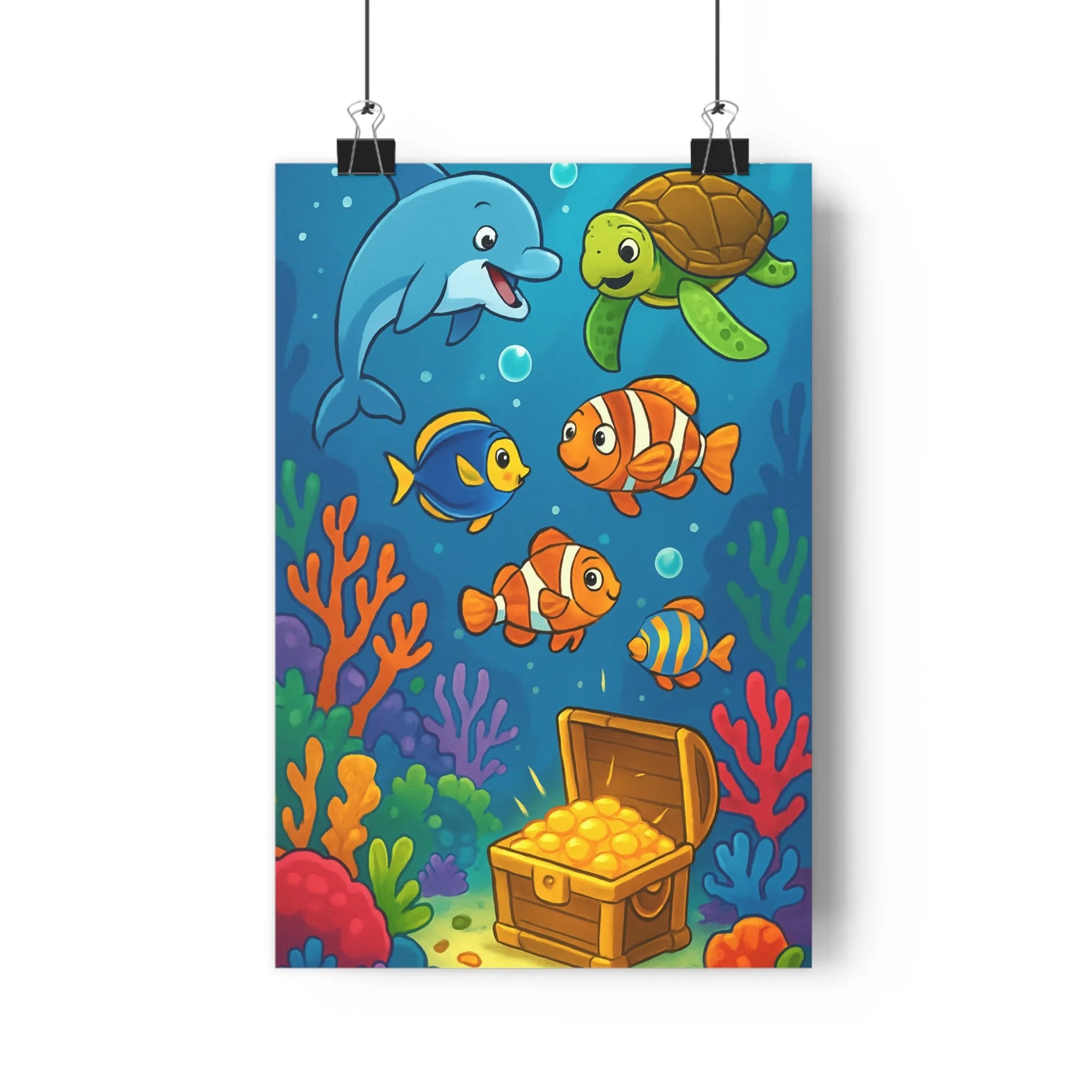 Poster décoratif océan enfants aventure cartoon bleu joyeux coloré chambre ludique tortue dauphin poisson