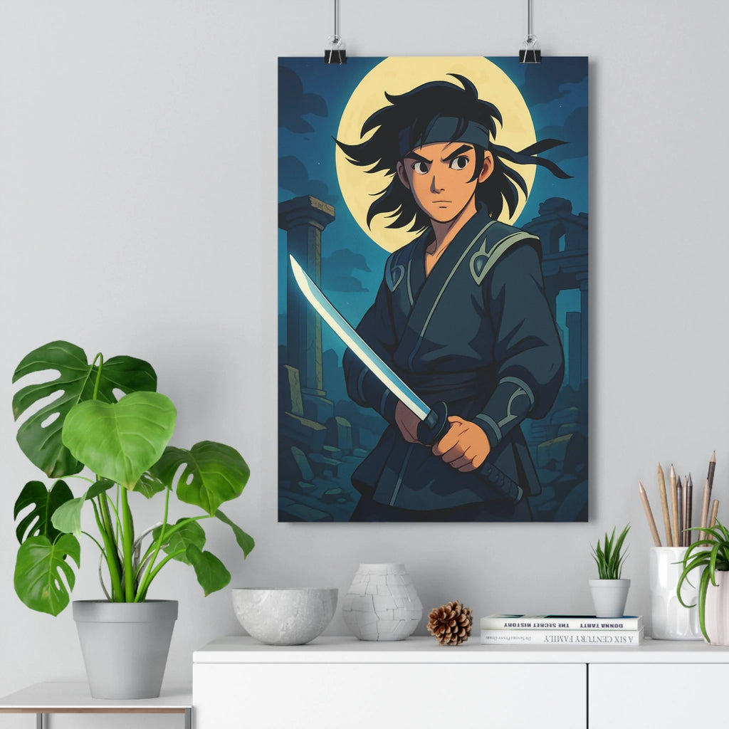 Poster décoratif anime sombre katana lune ruines mystérieux chambre bureau nocturne captivant 30x46 qualité
