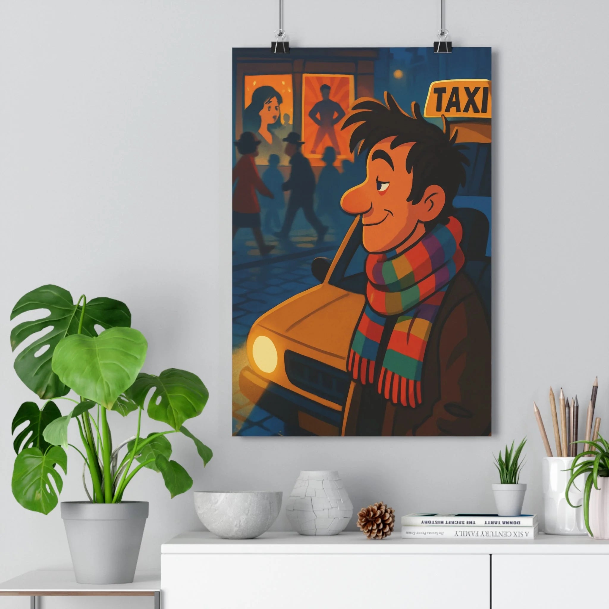 Poster décoratif dessin animé jaune rouge ville lumineux joyeux chambre salon tendance qualité unique
