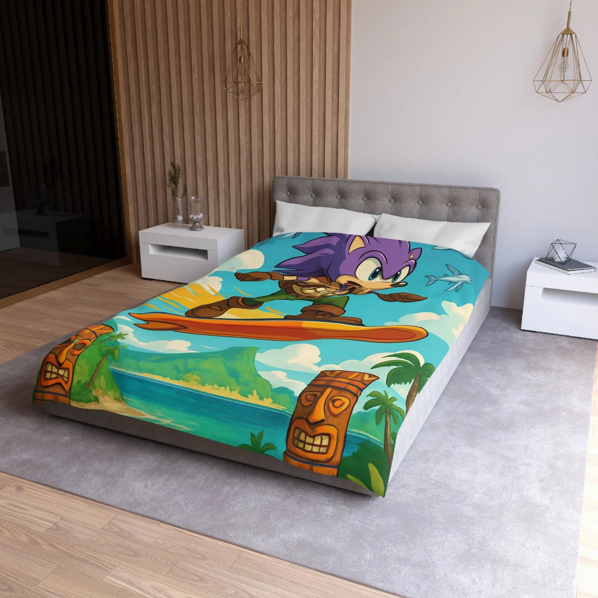 Housse de couette vibrante avec héros aventureux sur plage tropicale paradisiaque