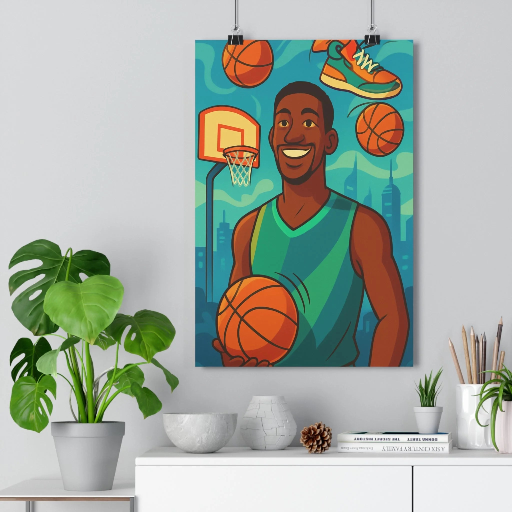 Poster décoratif basketball joueur souriant bleu orange vert graphique futuriste dynamique chambre enfant 30x46